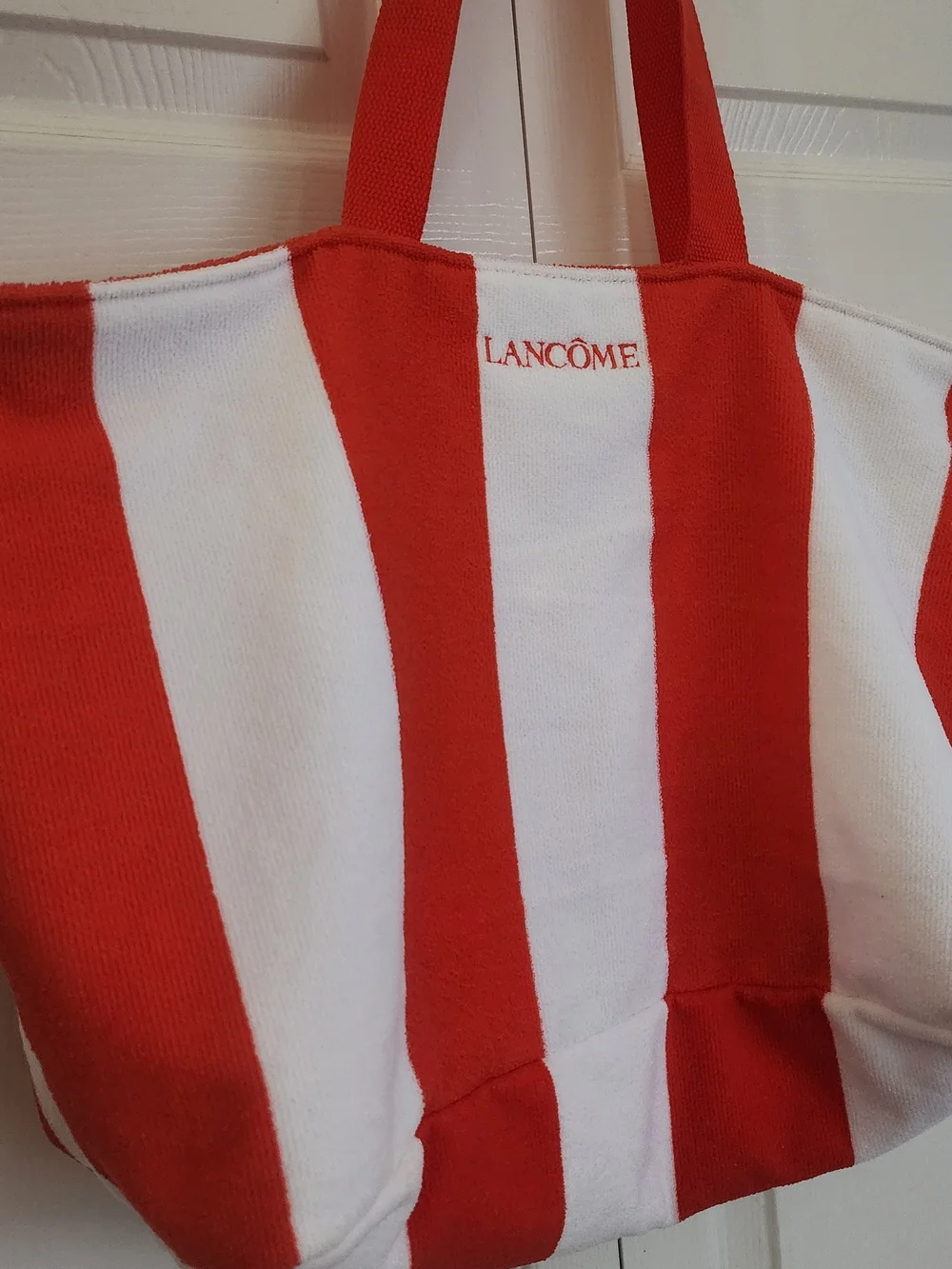 Lancome Orange/Red White Striped Terrycloth Towel Beach Swim Tote Bag